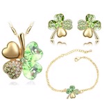 Smykkesæt - firkløver med halskæde, øreringe og armbånd, lysegrøn - guld